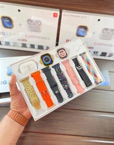 I20 Ultra Max Smart Watch 10-in-1 box set comes with EarBurds